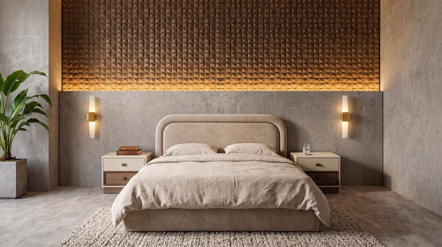 Set di camere da letto beige, con letto grande, comodini e design moderno