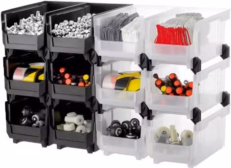 Set di 12 contenitori impilabili VEVOR in plastica con porta etichette, Nero e Trasparente, L/P/H: 37,7 x 21,5 x 18,0 cm