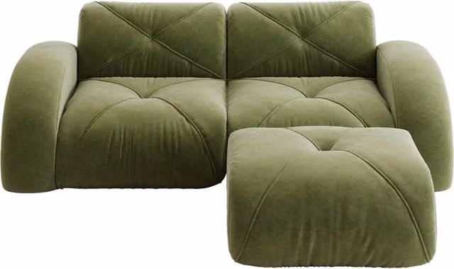 Divano modulare 2 posti con pouf, schiuma ad alta densità 32D, tessuto chenille verde resistente agli animali domestici