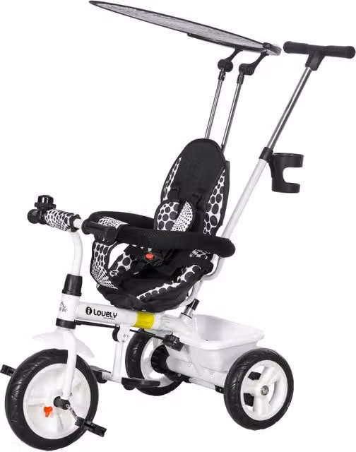 Triciclo per bambini 6 in 1 con maniglione, capottina, imbracatura, cestino portaoggetti, per bambini da 1 a 5 anni, bianco