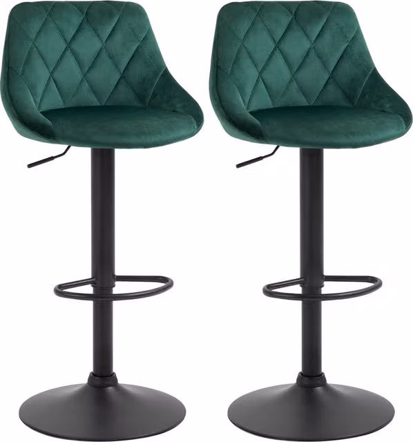 Set di 2 sgabelli da cucina regolabili HOMCOM con schienale e poggiapiedi in velluto verde e base in metallo, L 46 cm x P 48 cm x H 83-104 cm