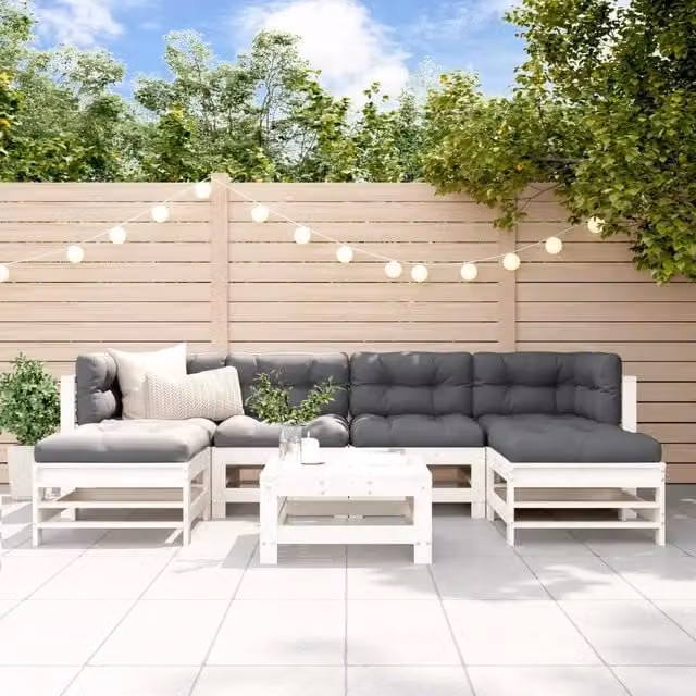 Set di Divani da Giardino a L con Cuscini vidaXL in Legno Massello di Pino Bianco e Antracite, 7 Pezzi