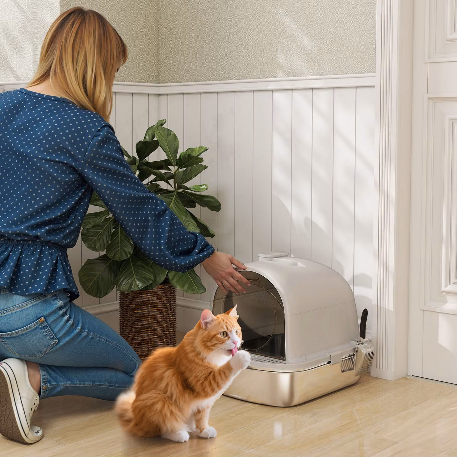 Lettiera chiusa per gatto PawHut in acciaio inox con maniglia, paletta e deodorante, modello antiperdita, grigio – 2