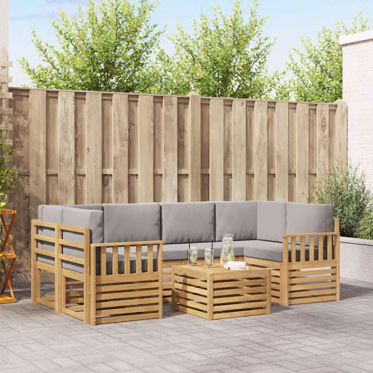 Set di divani da esterno vidaXL a forma di L composto da 7 pezzi con tavolino da caffè, struttura in legno di acacia e cuscini in poliestere bianco e grigio