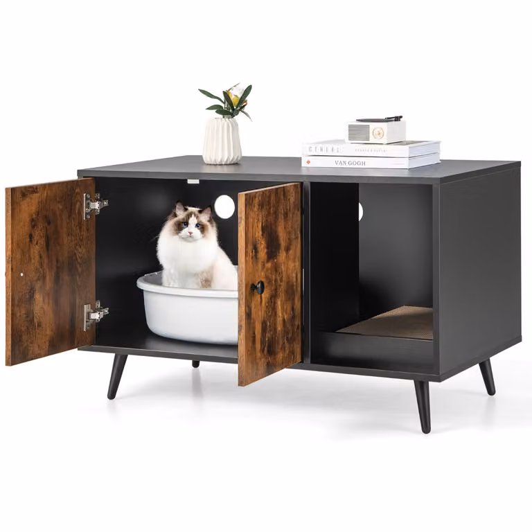 Costway Mobile nascondi lettiera per gatti con scomparto a doppia anta, vano aperto e tiragraffi, colore nero, L 90 cm x P 50 cm x H 54 cm