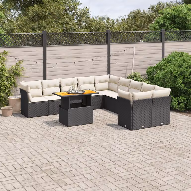 Set Divani da Giardino vidaXL 11 pz con Tavolino e Cuscini, Design Moderno a L in Polyrattan e Legno di Acacia, Nero e Bianco