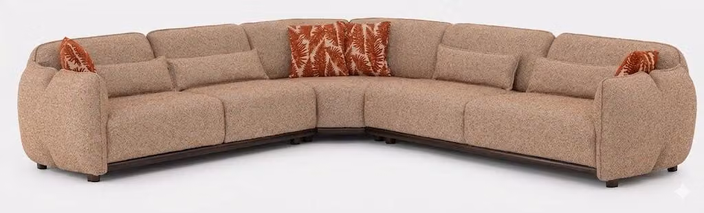 Divano angolare moderno, dal design elegante, imbottito, ampio, spazioso e pratico, di colore marrone