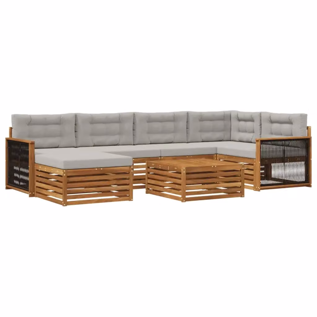 Set di divani da esterno a L vidaXL in legno di acacia con pouf e tavolino, beige e grigio – 2
