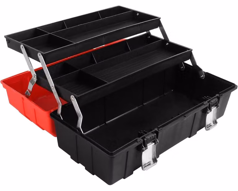 Valigetta per attrezzi vuota, con 3 scomparti, dimensioni 42 x 18 x 17 cm, chiusura in metallo, realizzata in plastica resistente agli urti