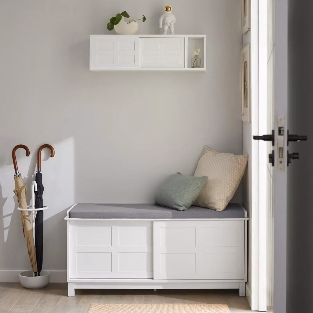 Scarpiera Panca con Ante Scorrevoli e Cuscino SOBUY, Colore Bianco, L: 114 cm, P: 40 cm, H: 53 cm – 2