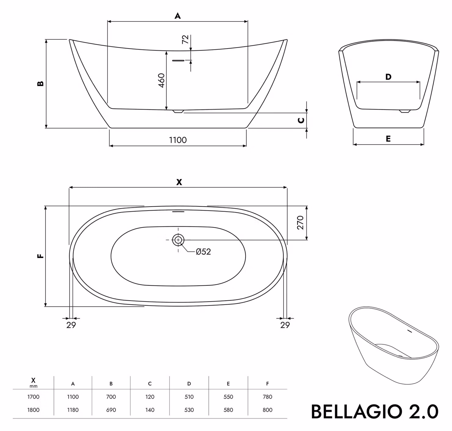 Vasca da bagno freestanding BELLAGIO 2.0 - Acrilico - Dimensioni e finitura a scelta, colore: bianco lucido, dimensioni: 170 x 78 cm