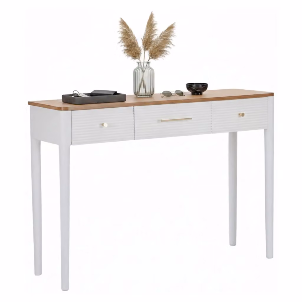 Consolle Crypto DMORA, tavolo multiuso e scrivania da corridoio moderna, Bianco, Marrone e Oro, L 107 cm x P 37 cm x H 80 cm – 2