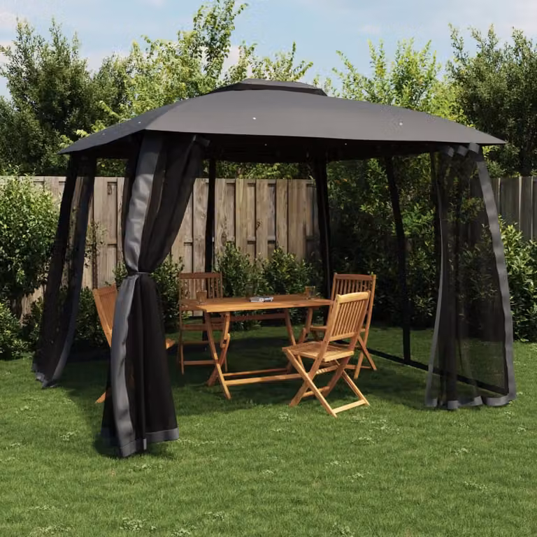 Gazebo con tetto a doppia falda e pareti in rete vidaXL, Acciaio e Poliestere, Antracite, L: 293 cm, P: 293 cm, H: 280 cm
