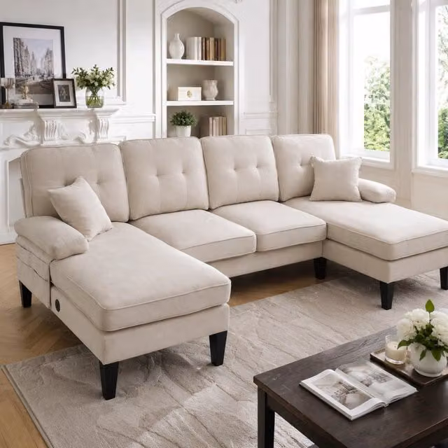 Divano a U beige 4 posti 250 cm con doppia chaise longue in tessuto di lino per soggiorno