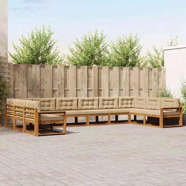 Set di divani da esterno vidaXL a forma di U in legno di acacia con cuscini, colore beige e sabbia