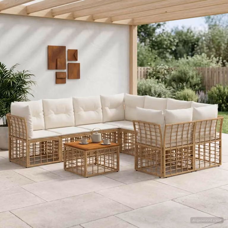 Set di divani da esterno vidaXL in polyrattan 9 pezzi con tavolino da giardino e cuscini, colore beige e bianco crema