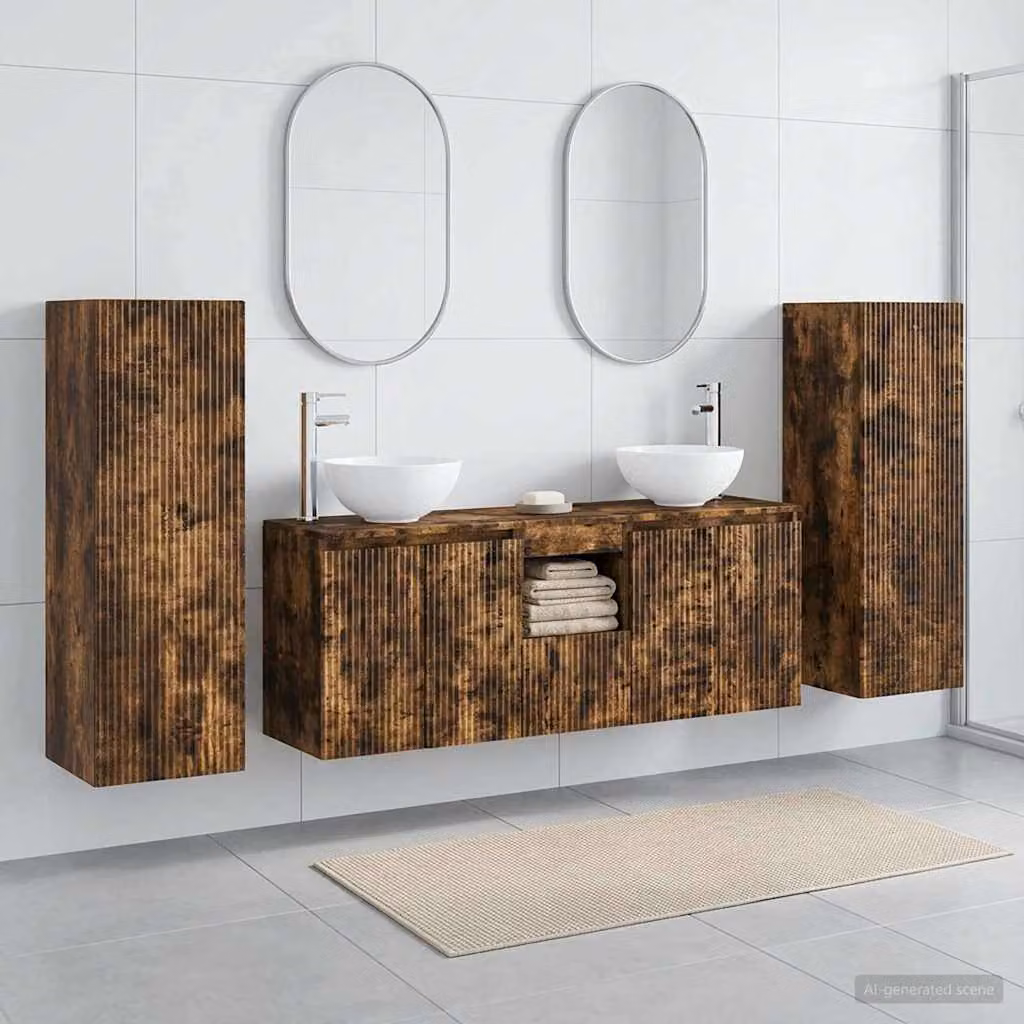 Set di mobili per il bagno moderno vidaXL in legno color rovere scuro, composto da 5 pezzi con base lavabo e pensili, L/P/H: 33 x 34,5 x 100 cm