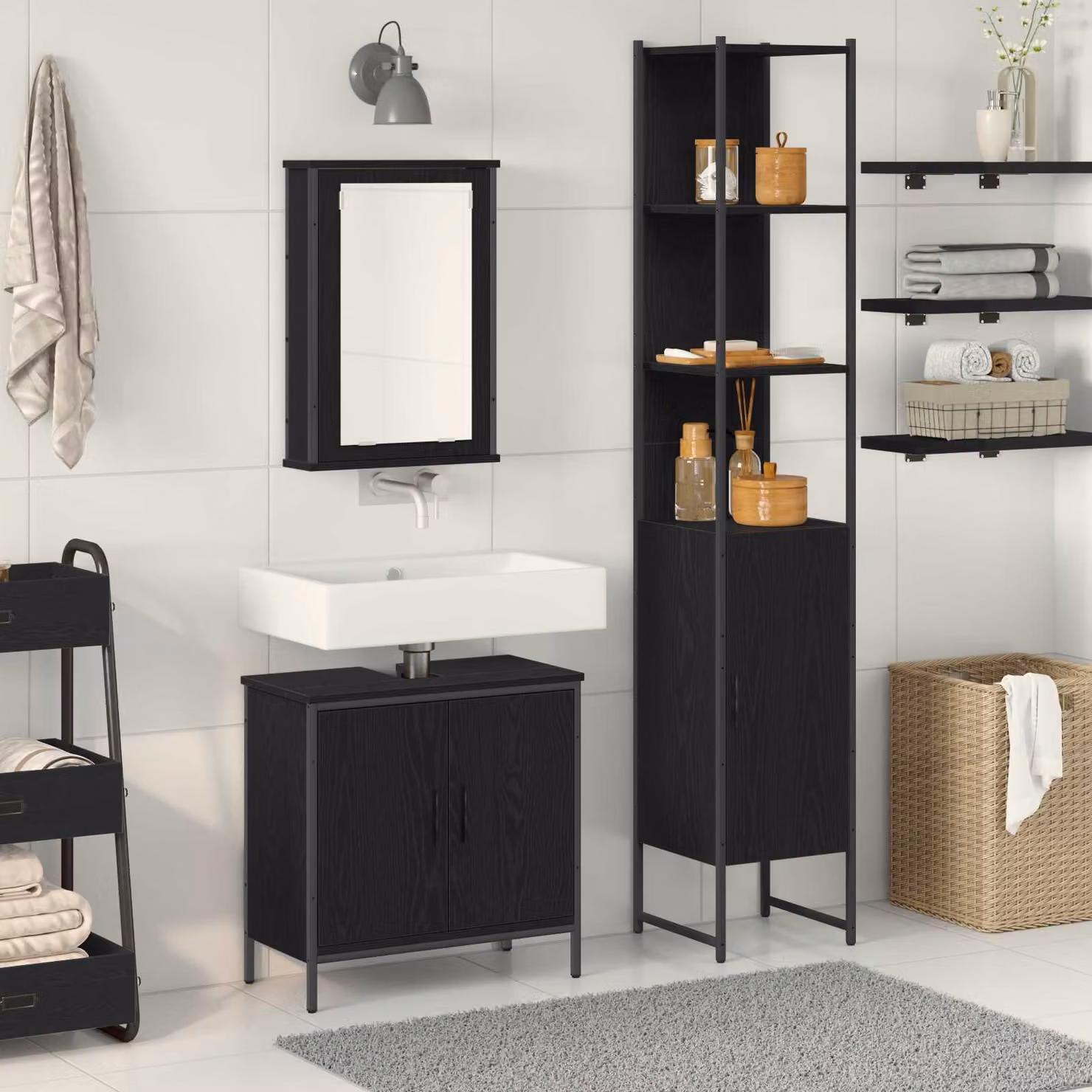 Set di mobili per il bagno moderno vidaXL in 3 pezzi nero opaco con armadietto a specchio, mobile sottolavabo e mobiletto laterale L/P/H: 60 x 42 x 30 cm, 30 x 30 x 76 cm, 30 x 30 x 185,5 cm