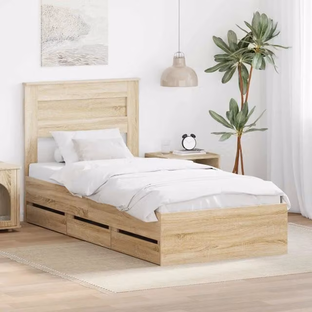 Struttura del letto con cassetto-Giroletto con contenitore-Rete del Letto Rovere Sonoma 75 x 190 cm 683253
