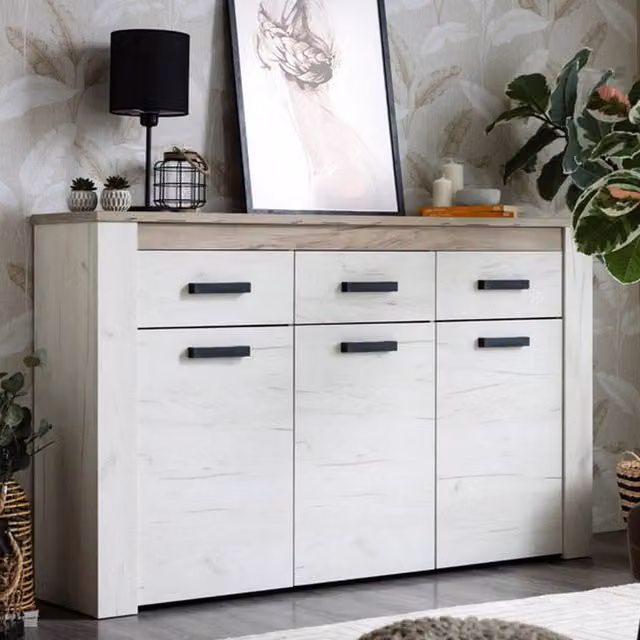 Madia Scena DMORA, Credenza Moderna con 3 Ripiani, Bianco Larice, L: 160 cm, P: 36.5 cm, H: 98 cm – 1