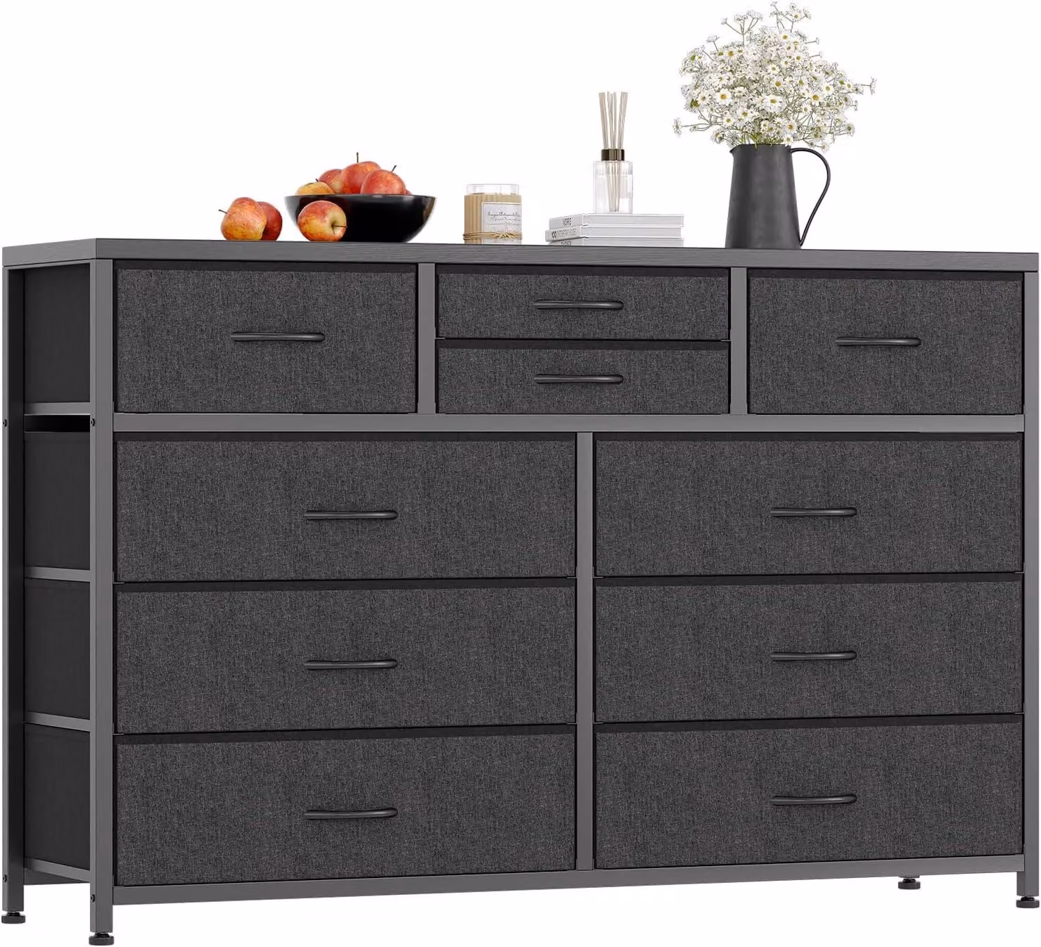 Comodino con cassetti, mobiletto laterale, versatile, capiente, colore nero, realizzato in materiale composito di legno (MDF/pannello truciolare), struttura in metallo robusta, resistente.