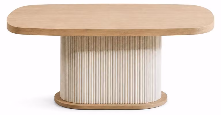 Moderno tavolino da salotto in legno dal design ovale e dallo stile strutturato