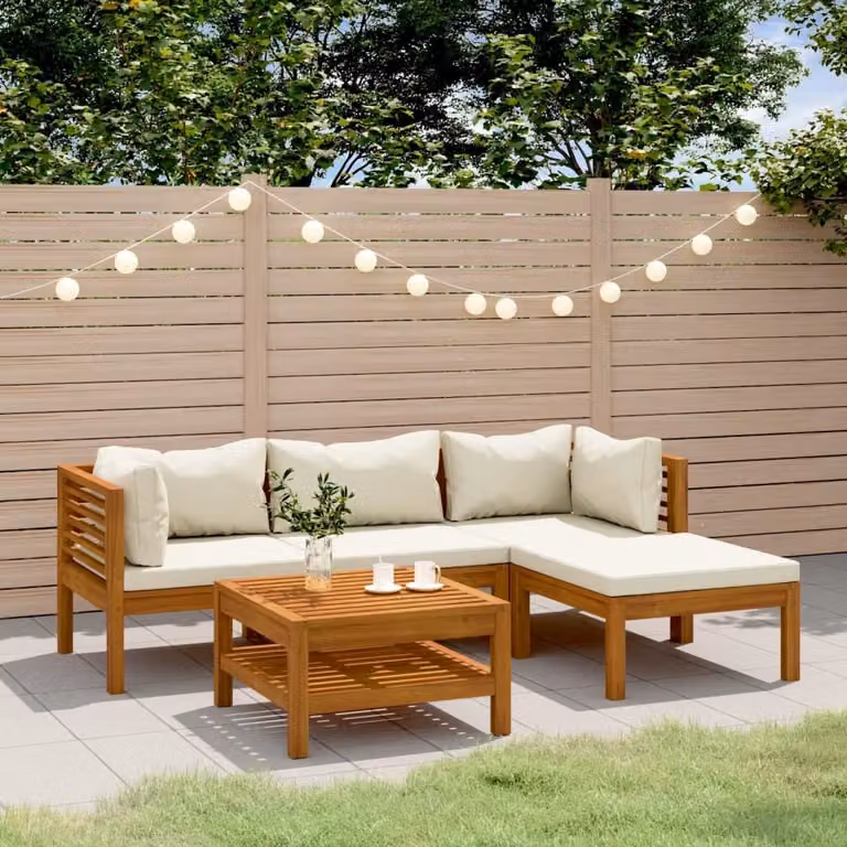 The Living Store Set da salotto da giardino 5 pezzi con cuscini crema Legno massiccio di acacia