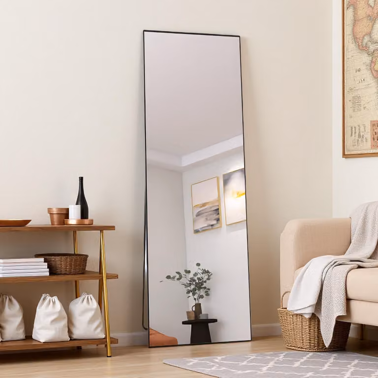Specchio rettangolare per il trucco in vetro temperato, cornice in alluminio nero, 165 x 60 cm, elegante design moderno per la camera da letto o il bagno