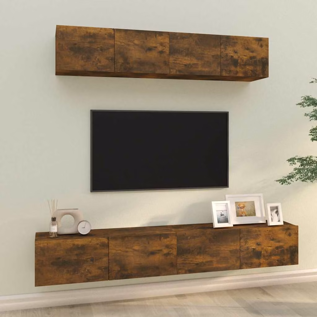 Set di mobili porta TV da soggiorno vidaXL in legno marrone stile classico, montaggio a parete, 4 pezzi – 1