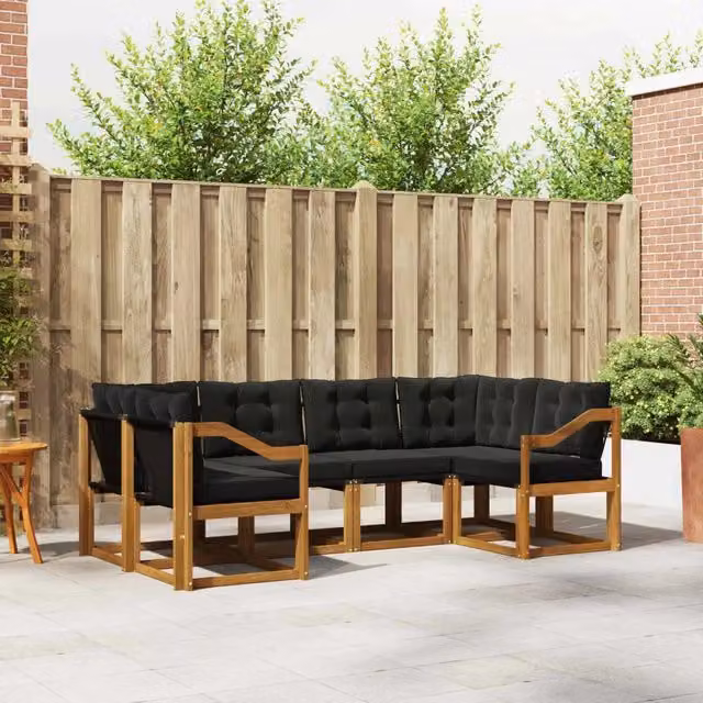 Set di divani da esterno a L vidaXL in legno di acacia e textilene, colore marrone e nero, composto da 6 pezzi con cuscini inclusi