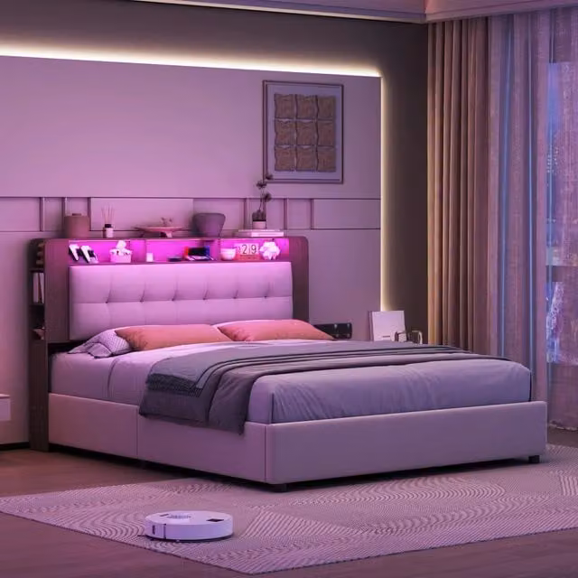 Letto contenitore 140x200 cm bianco, testiera con mensole e luci LED RGB, imbottito, sollevamento idraulico, camera da letto moderna