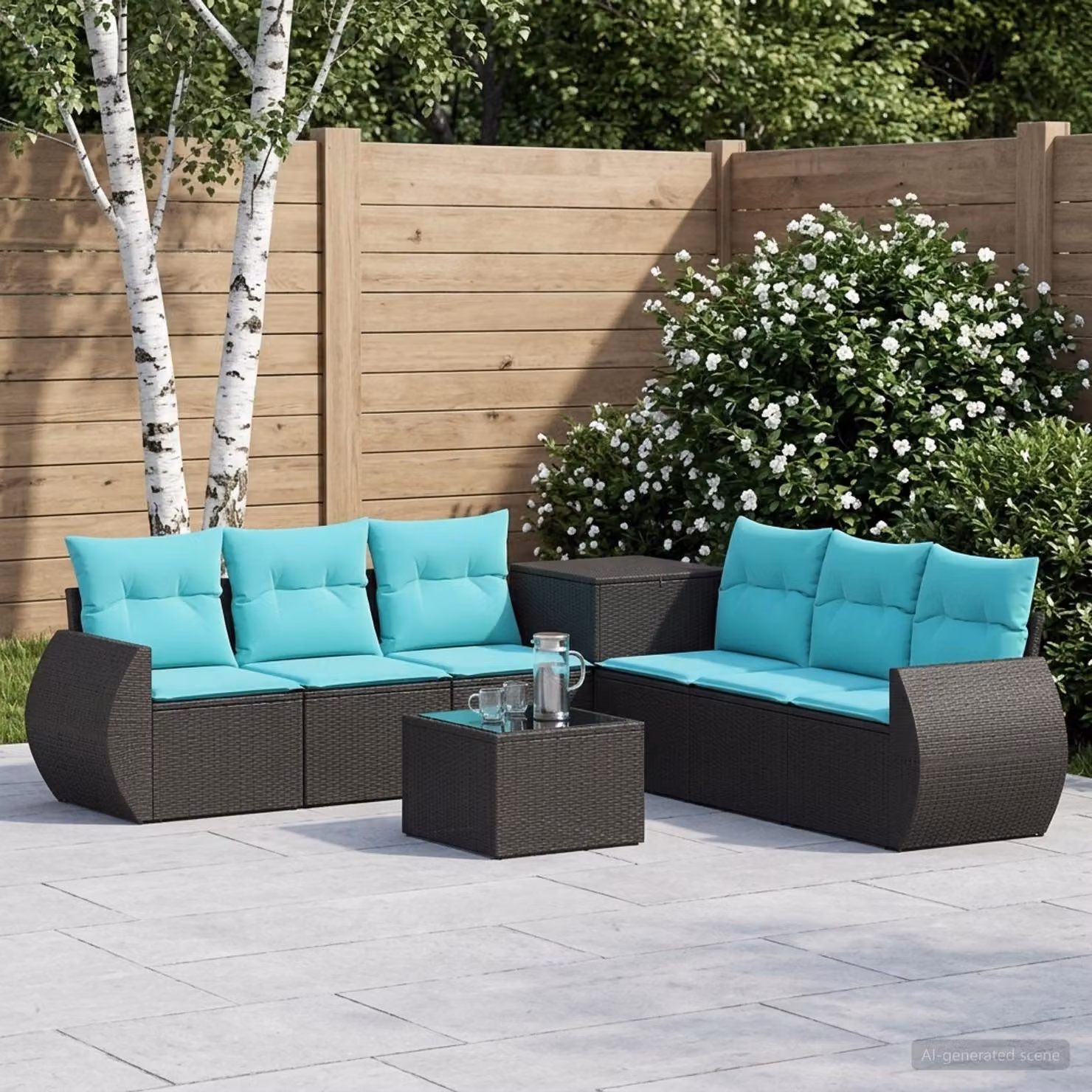 Set di divani da giardino vidaXL 8 pezzi in polyrattan e metallo con cuscini inclusi, colore nero e blu turchese