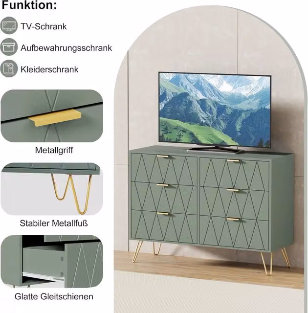 UEV Cassettiera con 6 Cassetti in Legno e Metallo Verde L: 100 cm, P: 34 cm, H: 73 cm Mobile Organizer Moderno per Camera e Soggiorno
