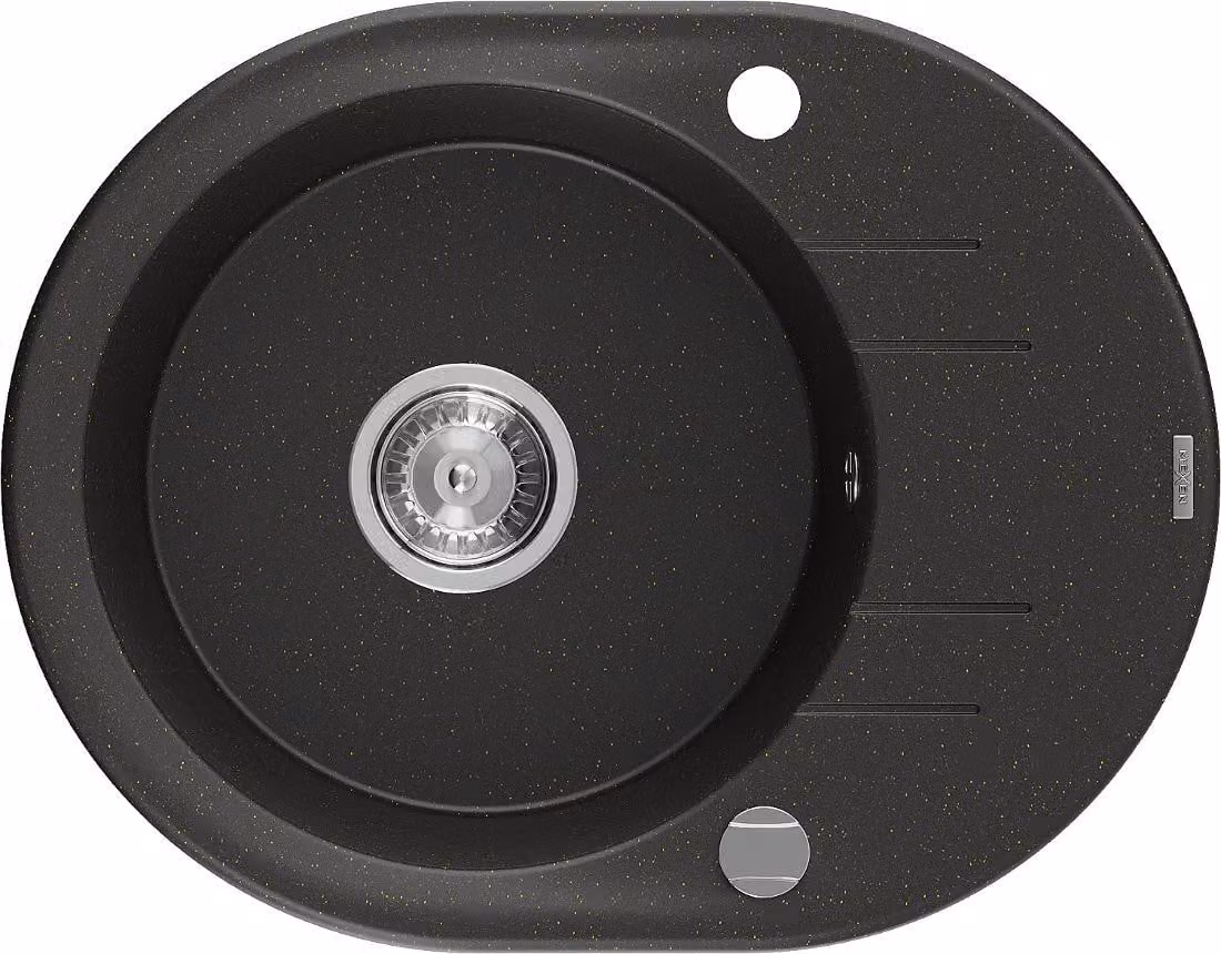 Mexen Kevin lavello in granito 1 vasca con sgocciolatoio 586 x 458 mm, nero/oro metallizzato, sifone cromato - 6517581005-75