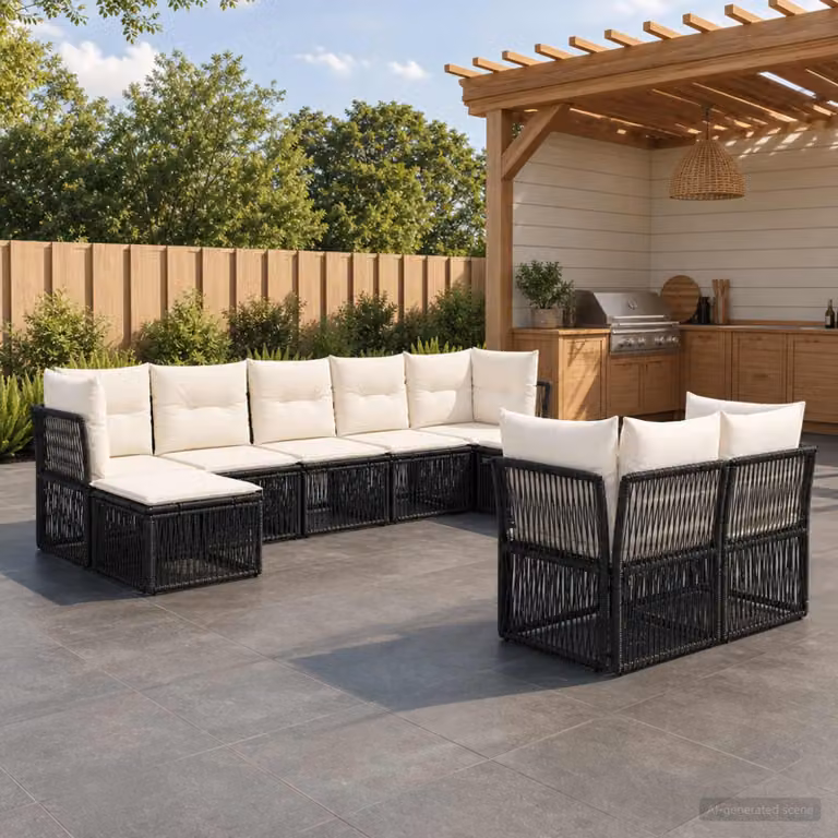 Set Divano da Giardino vidaXL 9 pz a Forma a U in Polyrattan Nero con Cuscini e Struttura in Acciaio Verniciato a Polvere