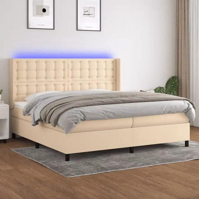 Letto moderno vidaXL con materasso a molle pocket e illuminazione LED sotto il letto, colore bianco e beige, L/P/H: 200 x 200 x 203 cm