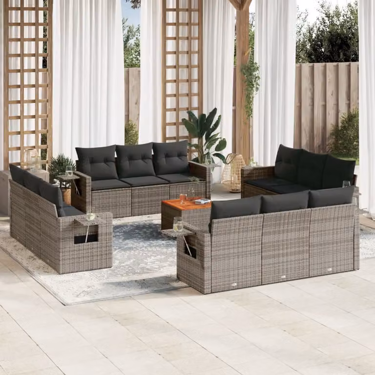 vidaXL Set Divani da Giardino 13 pz a Forma a U in Polyrattan Grigio con Cuscini e Tavolino da Esterno