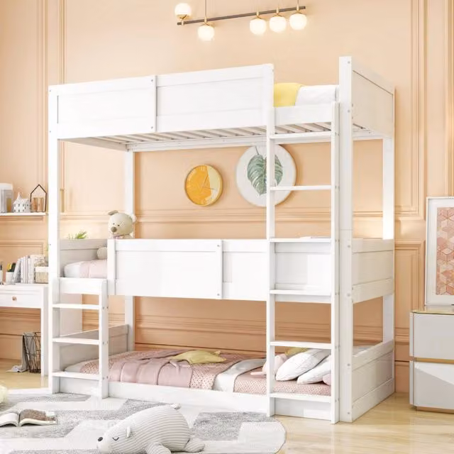 Letto a castello 90 × 200 cm 3 posti trasformabile, con barriere alte, senza materasso, bianco in legno