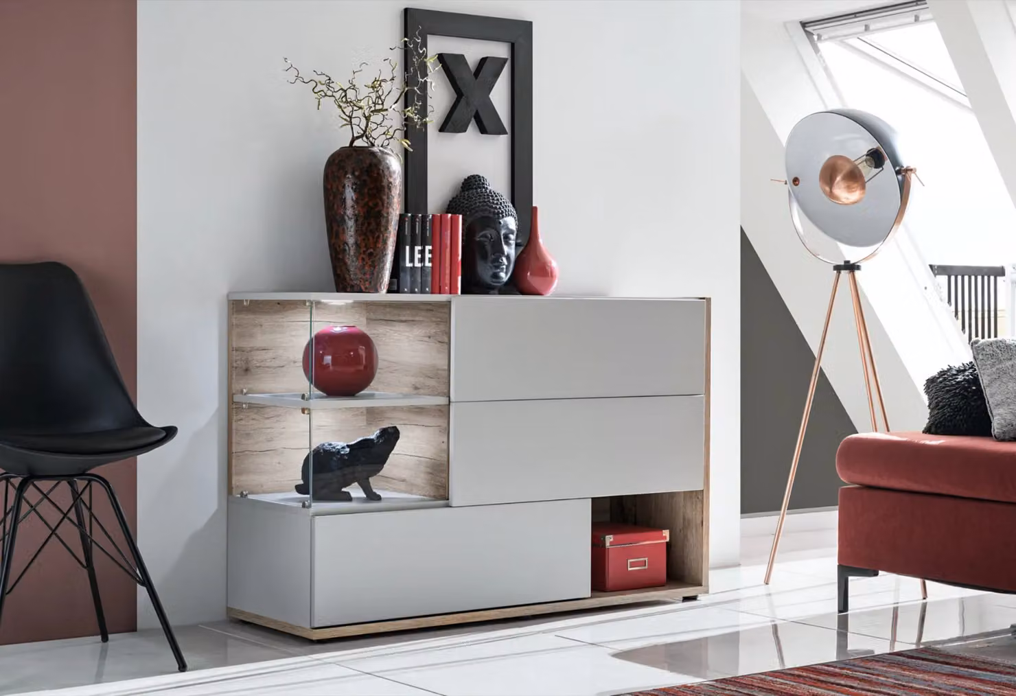 Cassettiera stretta BOHI - grigio perla / rovere wellington
