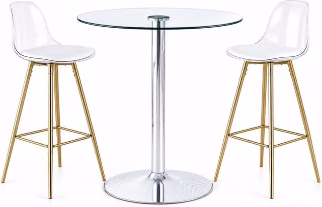 Set bar con tavolo rotondo in vetro 89 cm e 2 sgabelli, metallo dorato, design moderno