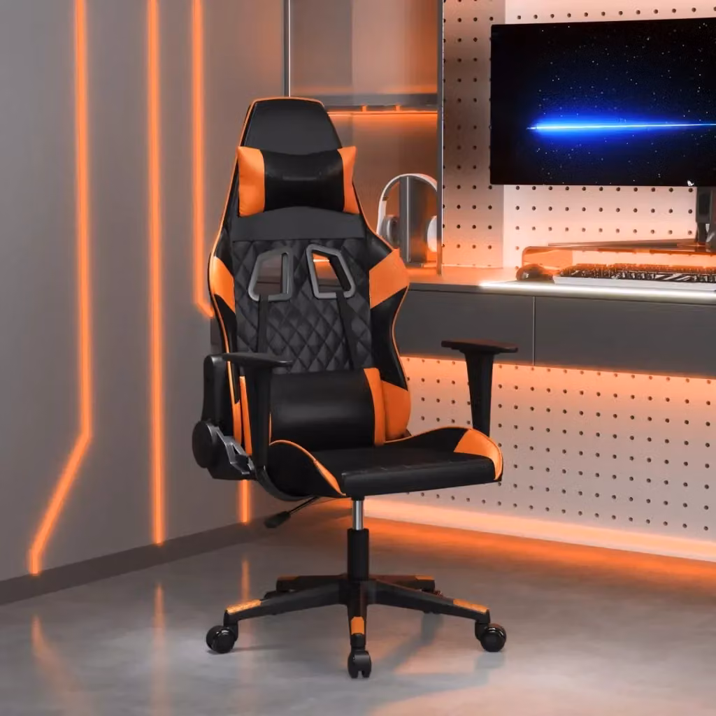 Sedia da Gaming Sportiva in Similpelle Nero e Arancione con Poggiatesta e Ruote – 2