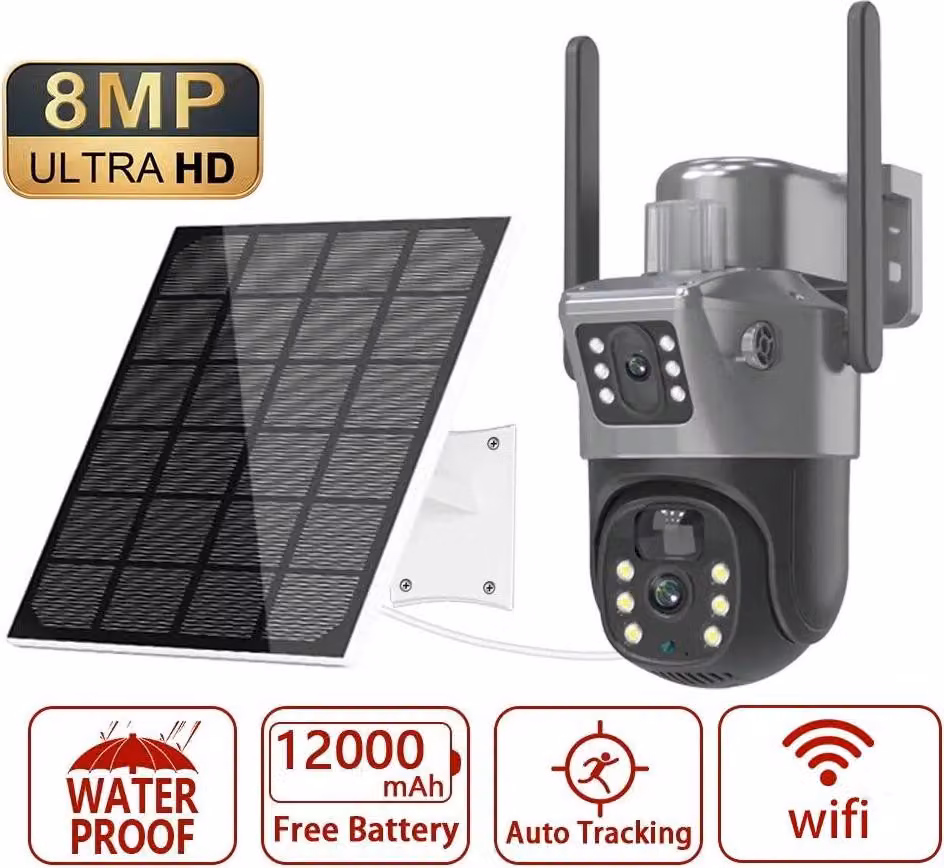 Telecamera di sorveglianza solare - Dome IP wireless PTZ - 4K 8MP - Doppio obiettivo, rotazione orizzontale di 270° - Rilevamento persone tramite sensore PIR - Adatta per esterni, grado di protezione IP66 - Senza scheda SD