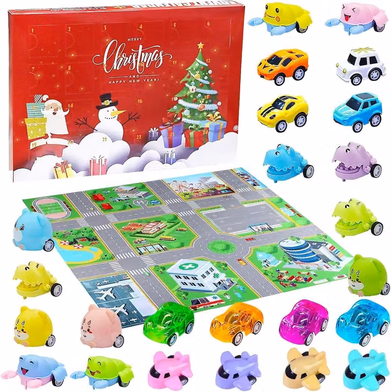 Calendario dell'Avvento con 24 Mini Auto Giocattolo