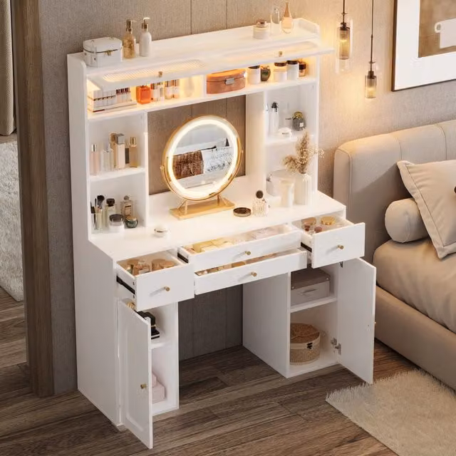 Tavolo da trucco WISHDOR bianco con specchio rotondo e illuminazione LED, dotato di 4 cassetti, 4 vani aperti, 2 armadietti e 2 ante in vetro, L/P/H: 120 x 40 x 160 cm