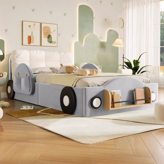 Letto imbottito 90 × 200 cm con vano contenitore idraulico in flanella grigio con tasche laterali e ripiano libri