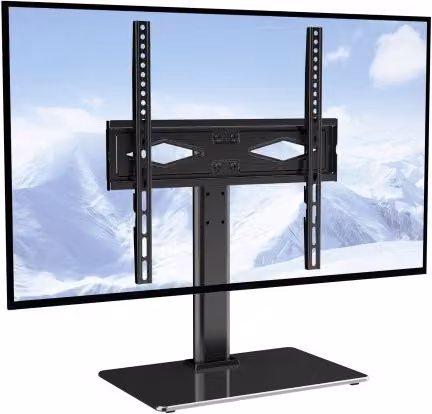 VEVOR Supporto per Televisori da Banco in Vetro Temperato e Metallo Nero, Altezza Regolabile 615-670 mm, Compatibile con TV 32-55 pollici e Standard VESA, Carico Massimo 43,5 kg, L/P/H: 43,5 x 26 x 67 cm