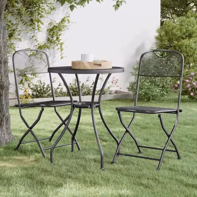 Set da pranzo per giardino vidaXL in acciaio antracite composto da 3 pezzi con tavolo rotondo pieghevole – 1