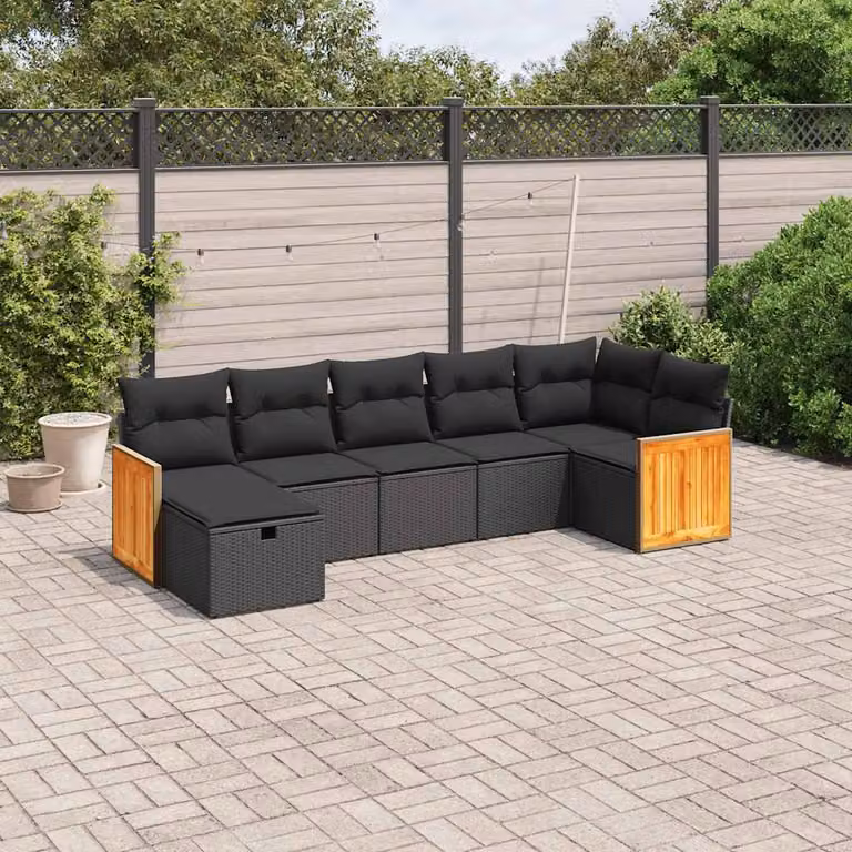 vidaXL Set Divani da Giardino a Forma di L con 7 Cuscini Nero Polyrattan e Struttura in Acciaio