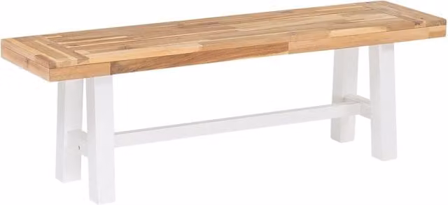 Panca da giardino Beliani in legno di acacia con sedile marrone e gambe bianche, stile rustico per interno ed esterno, L: 140 cm, P: 36 cm, H: 45 cm