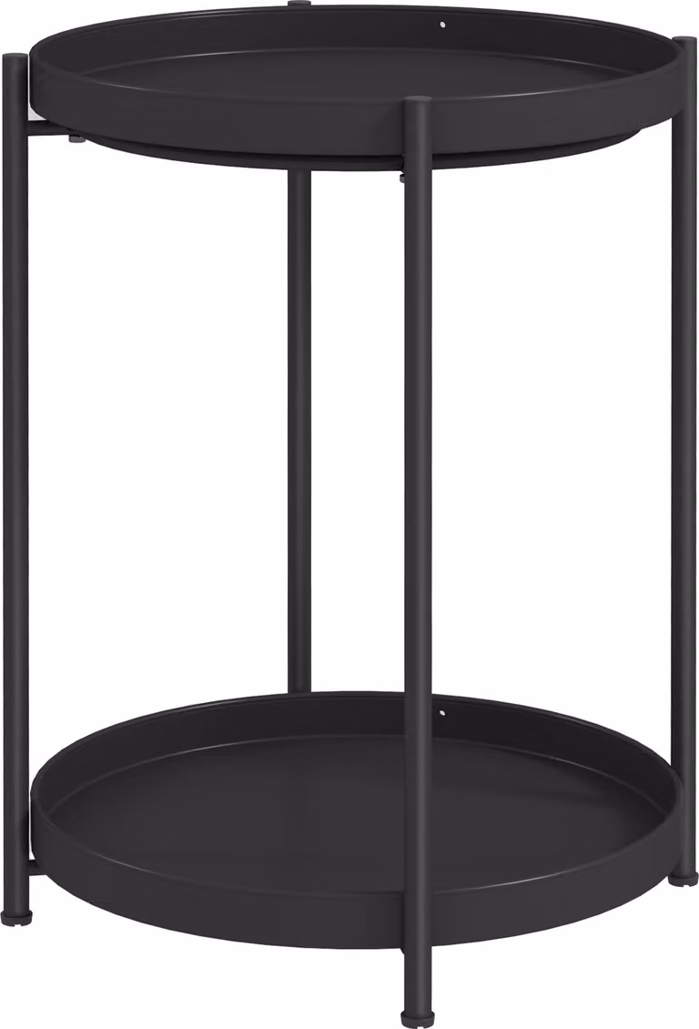 Tavolino Moonbite rotondo con due ripiani, piccolo tavolino da caffè con piedini regolabili, tavolino da divano e comodino, capacità fino a 4 kg per ripiano, acciaio, colore nero